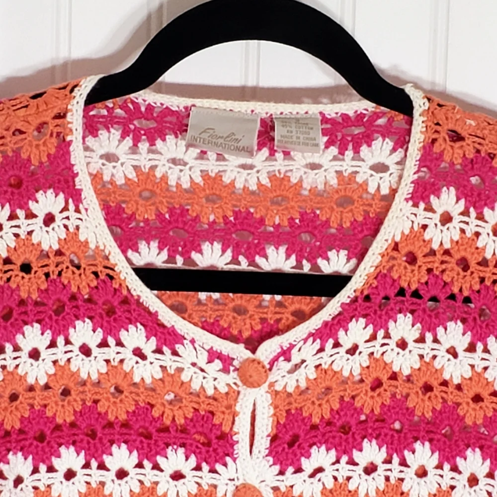Crochet Button-Down Short Sleeve Shirt - Pink, Orange & White